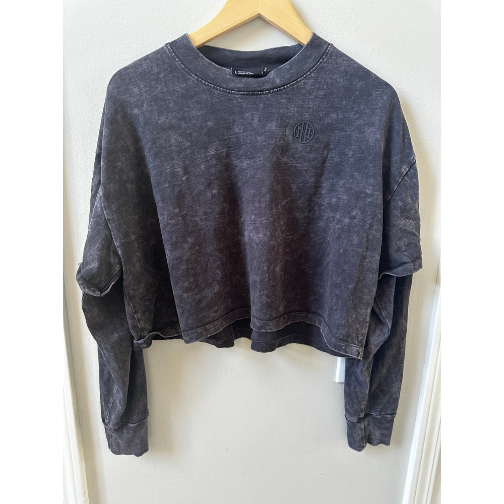 Talentless Womens Crop Sweatshirt Faded Black Mineral Wash Layered Sleeve Large